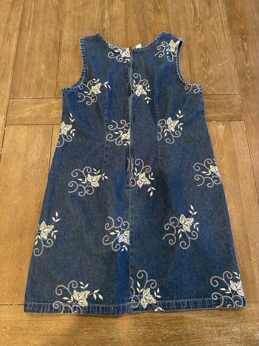 Vintage Y2K Denim Floral Embroidered Cottagecore Mini Dress L - Picture 3 of 4